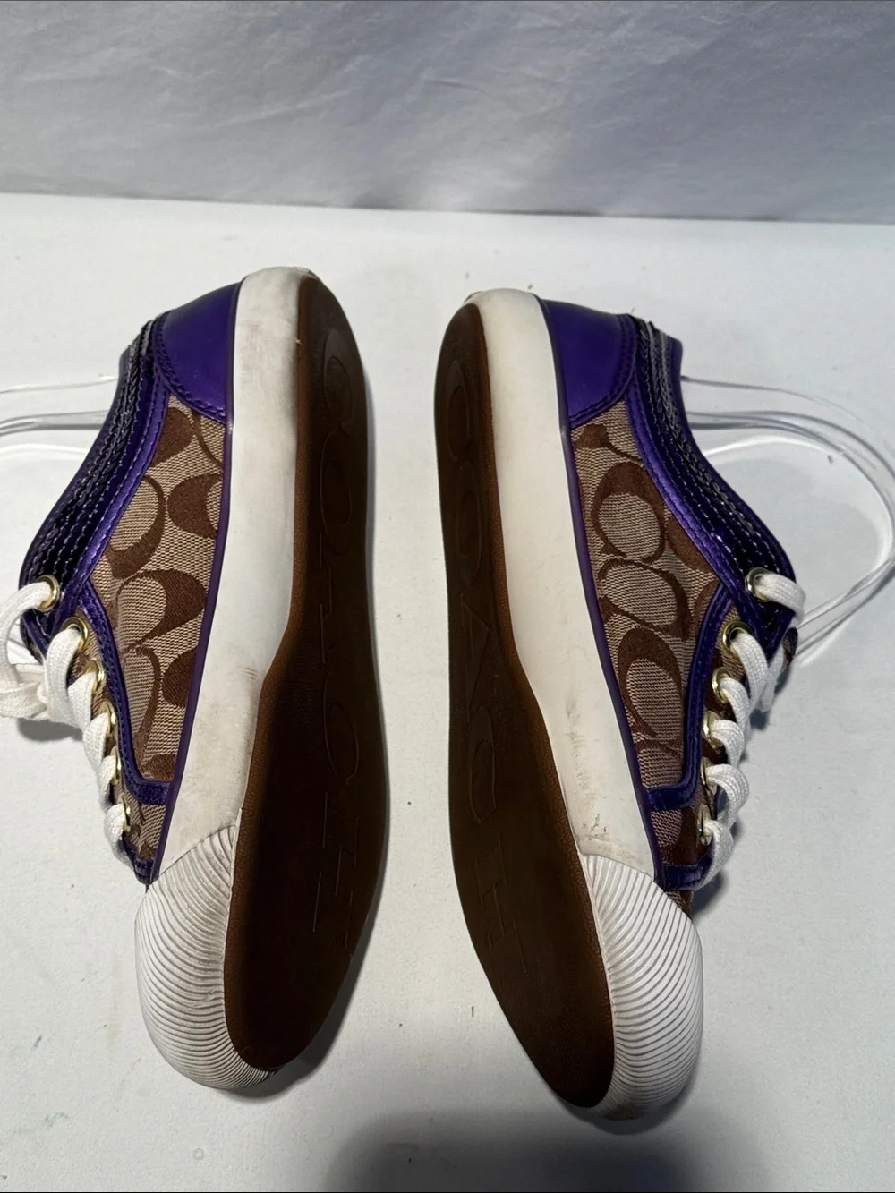 Coach Women's Signature Canvas Sneakers with Purple Trim and White Soles
